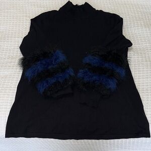 Black sweater with Blue and Black Fur Sleeves